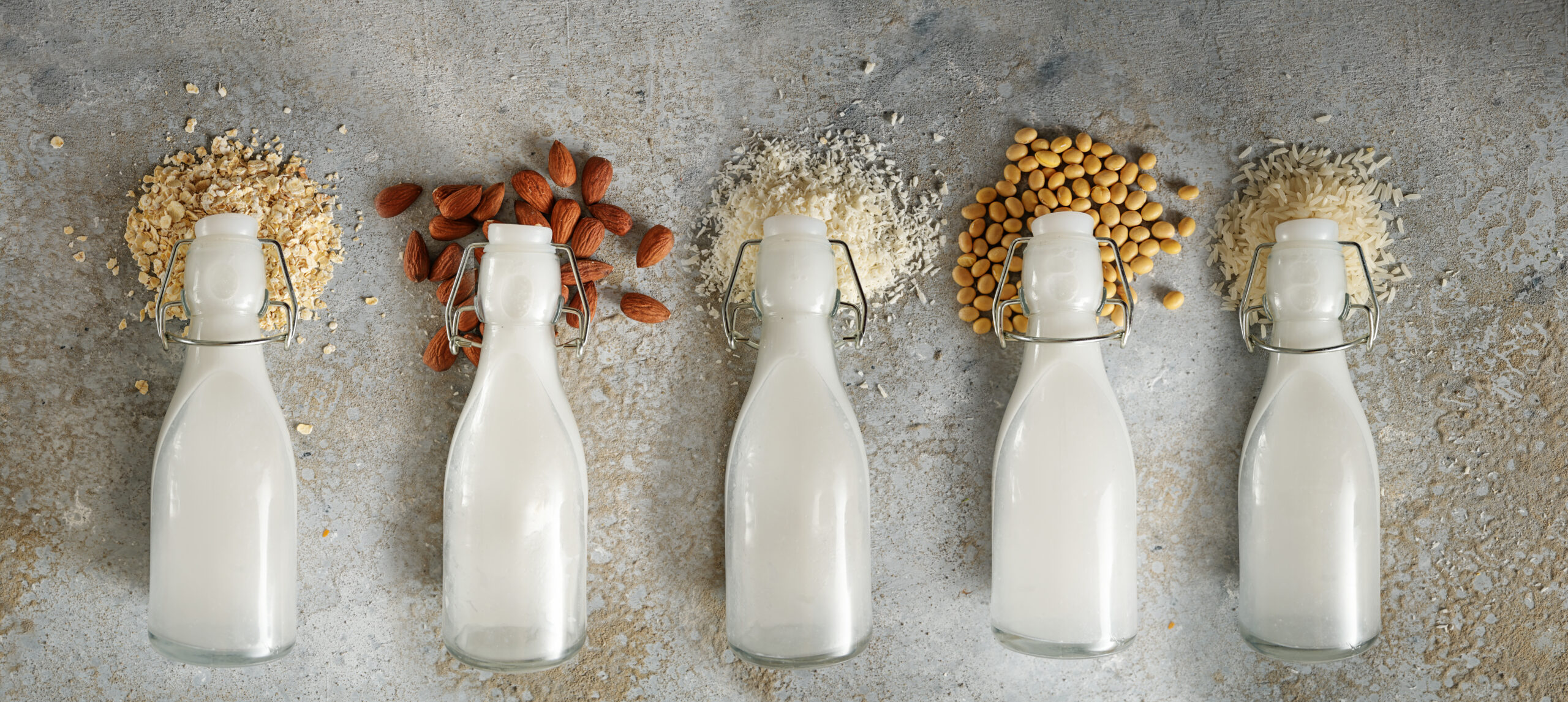 Bottles with different vegan milk and the ingredients like soy,