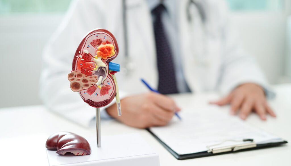 Chronic kidney disease, doctor with model for treatment urinary