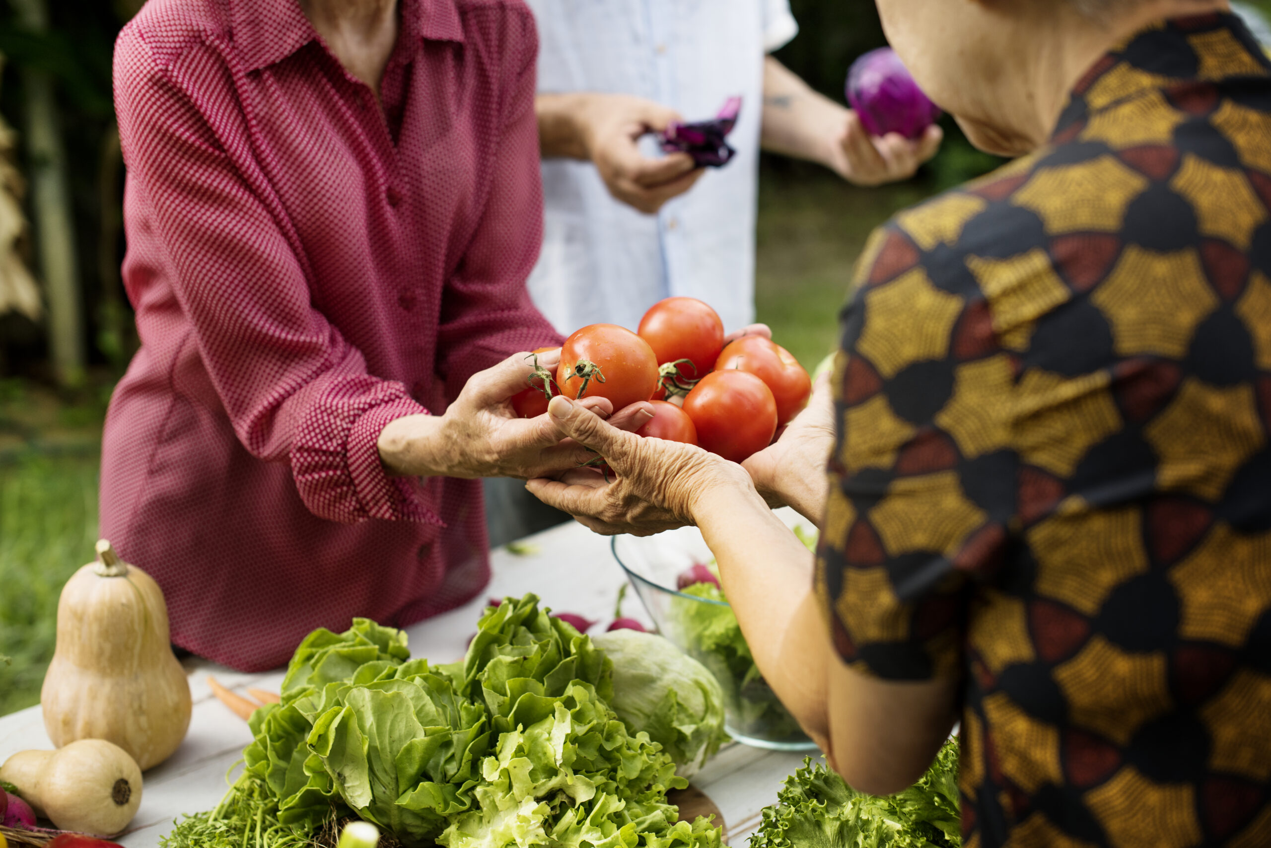 People giving a fresh tomato to another