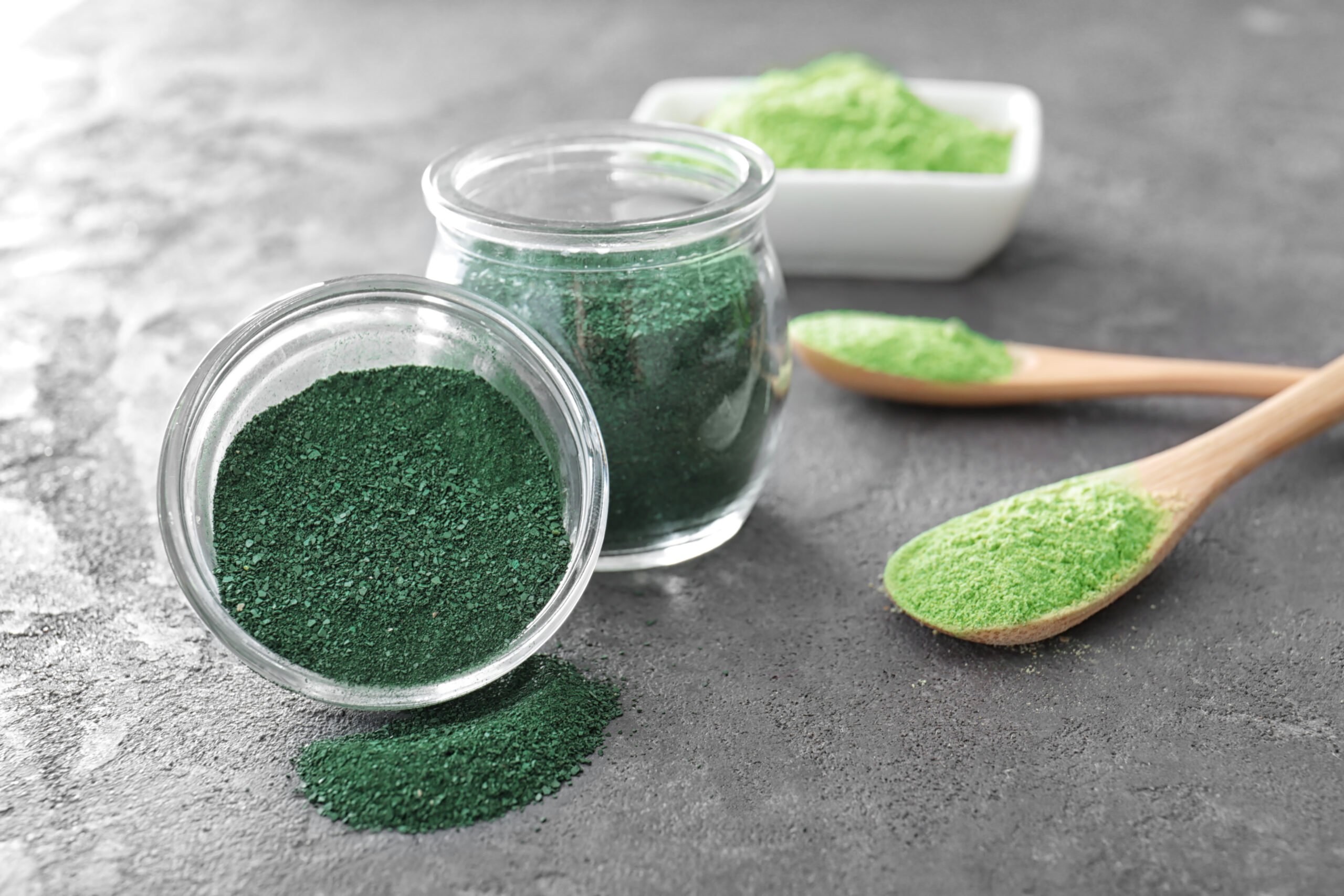 Spirulina and wheat grass powder in kitchenware on grey background