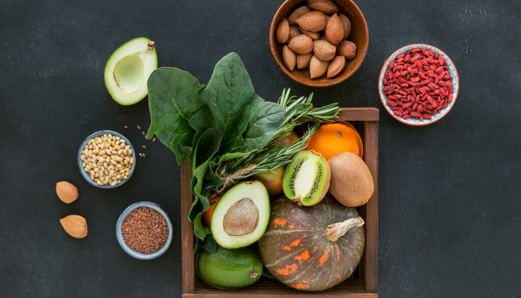 Healthy farmer organic food: fruit, vegetables, seeds, superfood