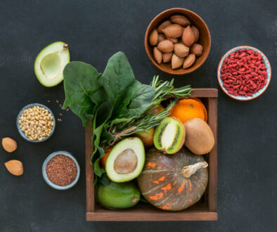 Healthy farmer organic food: fruit, vegetables, seeds, superfood