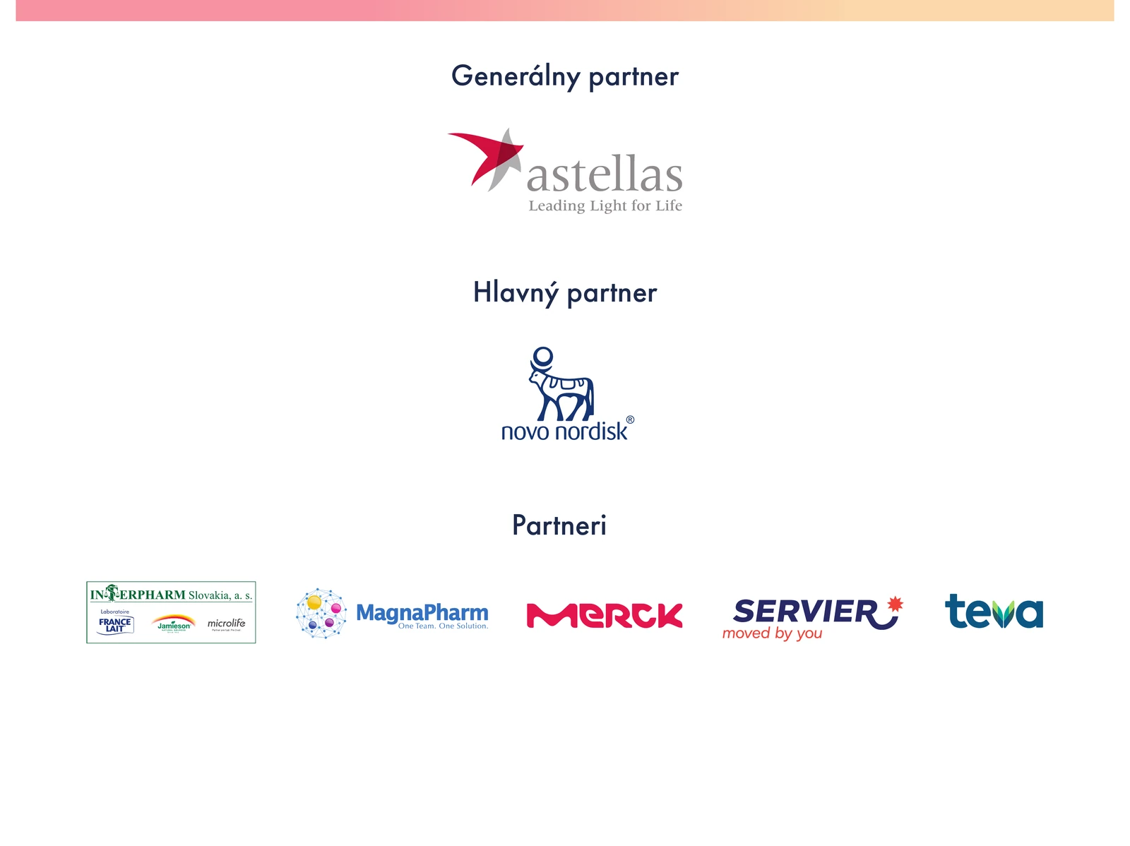 Generálny partner Astellas, hlavný partner Novo Nordisk a partneri Interpharm, MagnaPharm, Merck, Servier a Teva